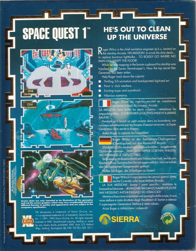 Back Cover for Space Quest I: Roger Wilco in the Sarien Encounter (DOS) (KIXX XL release (3.5" Floppy Disk version))