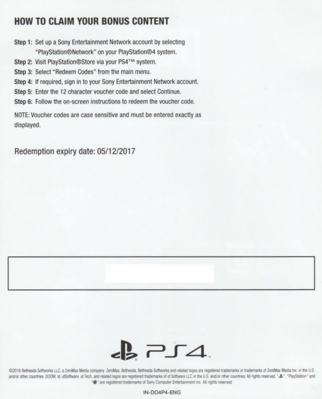 Other for Doom (PlayStation 4): DLC Code - Back