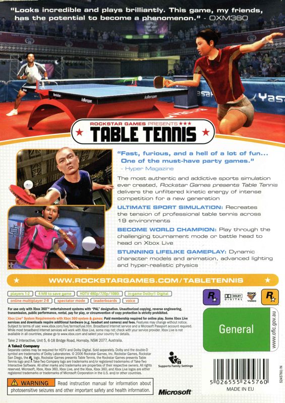 Back Cover for Rockstar Games presents Table Tennis (Xbox 360)