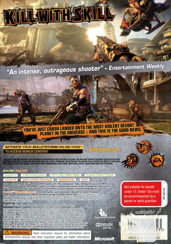 Back Cover for Bulletstorm (Xbox 360)