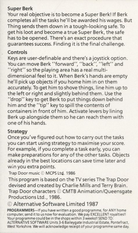 Inside Cover for The Trap Door (ZX Spectrum) (Budget re-release (Alternative Software Ltd: 199 Range)): side B, I (reverse side A, II)