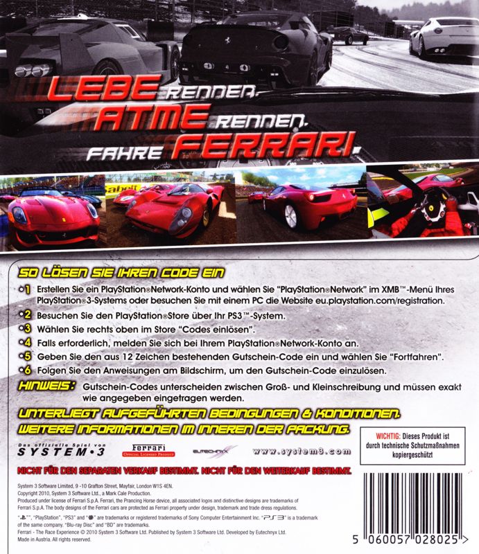 Back Cover for Ferrari: The Race Experience (PlayStation 3) (contains download code for PSN)