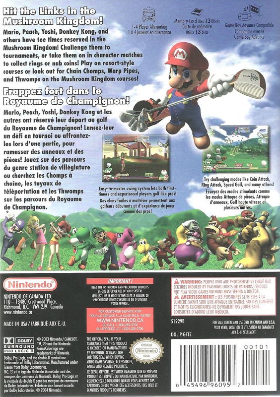 Back Cover for Mario Golf: Toadstool Tour (GameCube) (Player's Choice release)