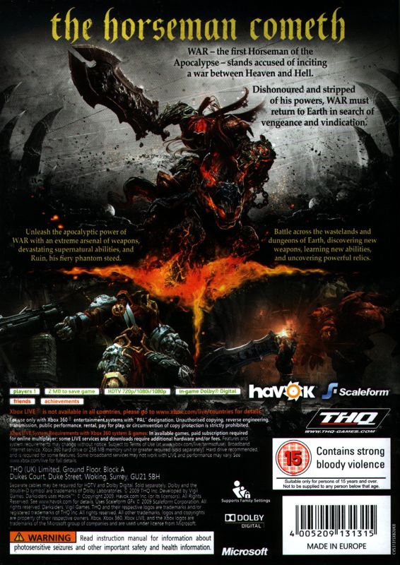 Back Cover for Darksiders (Xbox 360)