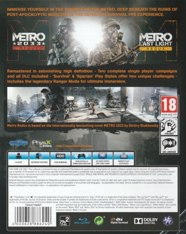 Back Cover for Metro: Redux (PlayStation 4)