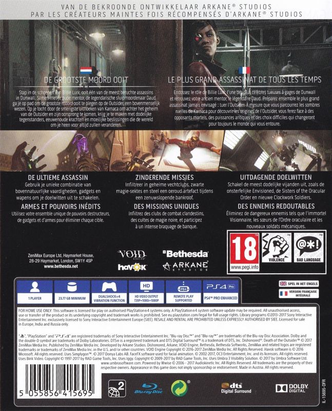 Back Cover for Dishonored: Death of the Outsider (PlayStation 4)