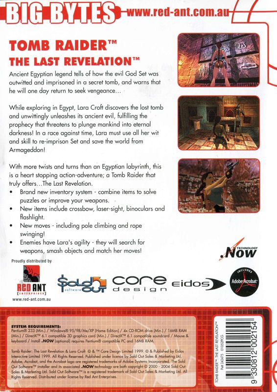 Back Cover for Tomb Raider: The Last Revelation (Windows) (Big Bytes release)