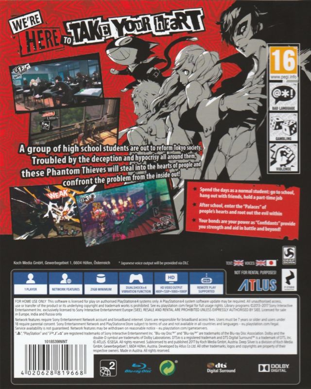 Back Cover for Persona 5 (PlayStation 4)