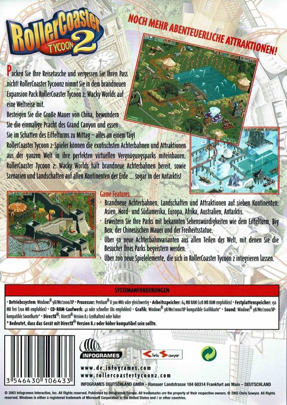 Back Cover for RollerCoaster Tycoon 2: Wacky Worlds (Windows)