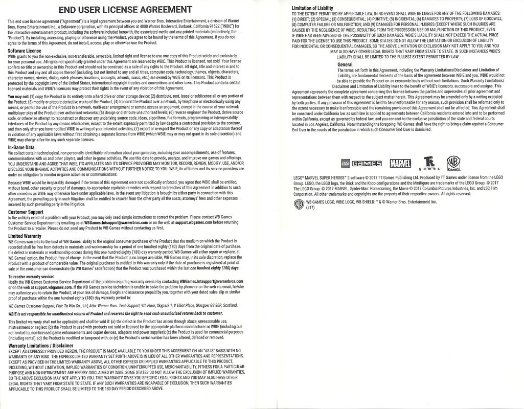 Inside Cover for LEGO Marvel Super Heroes 2 (Deluxe Edition) (Nintendo Switch): Full - EULA