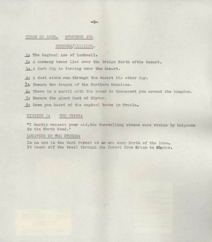 Other for Times of Lore (ZX Spectrum) (cassette version (48K/128K/+3)): Instructions