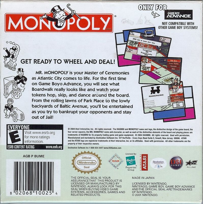 Back Cover for Monopoly (Game Boy Advance)