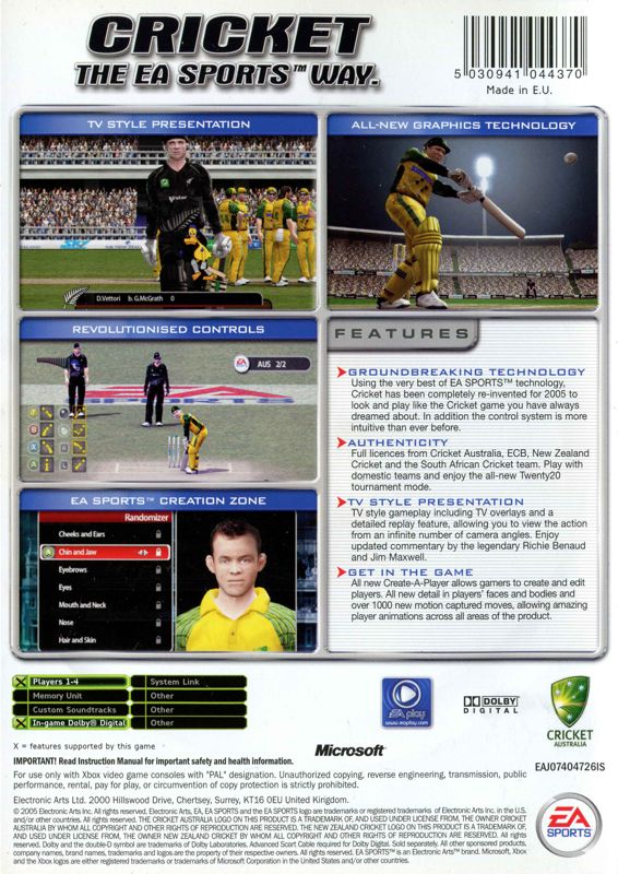 Back Cover for Cricket 2005 (Xbox)