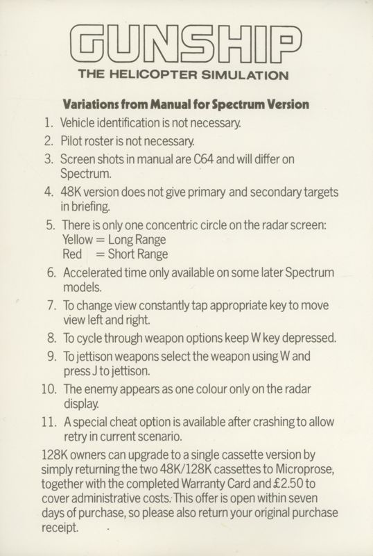 Manual for Gunship (ZX Spectrum): Leaflet