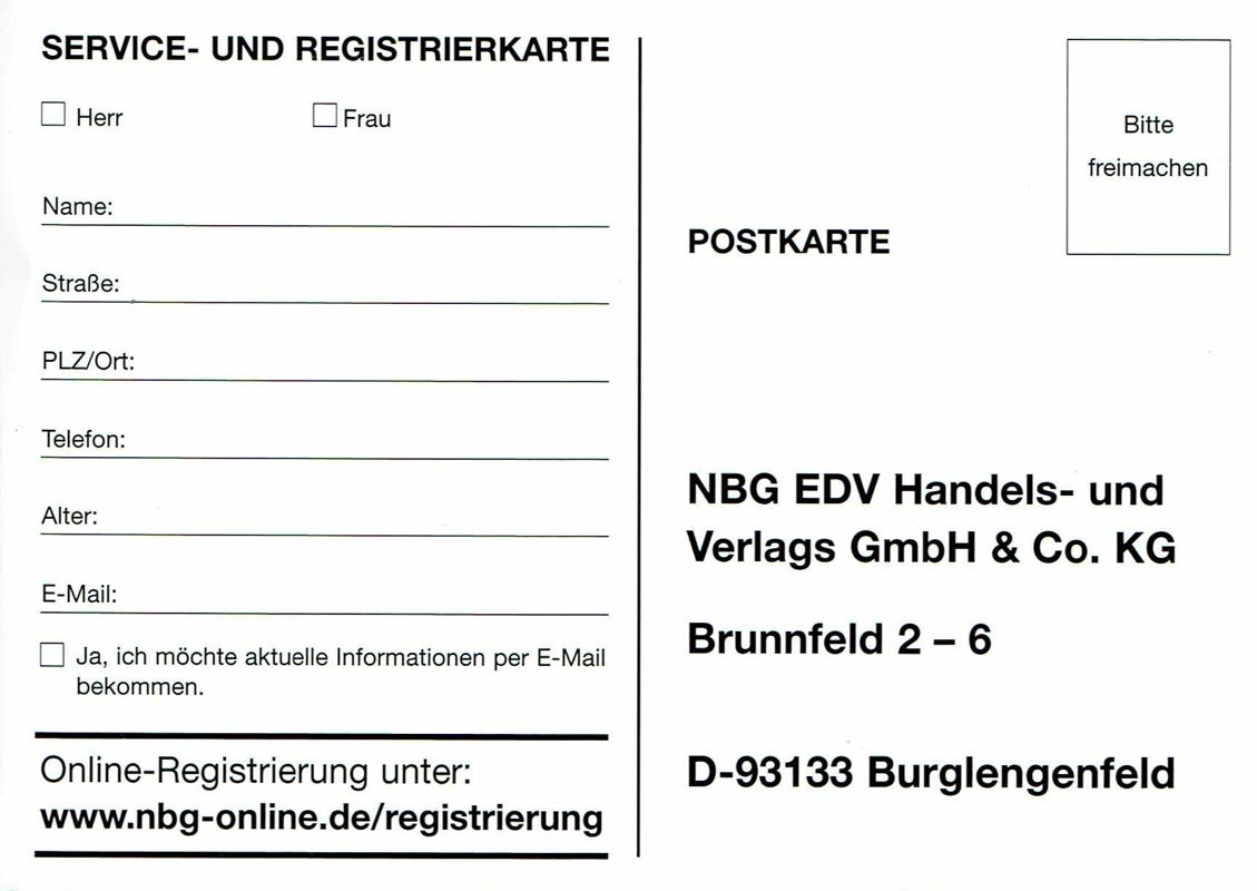 Extras for ProTrain 9: Ostalgie: Berlin - Rostock (Windows): Registration Card - Front