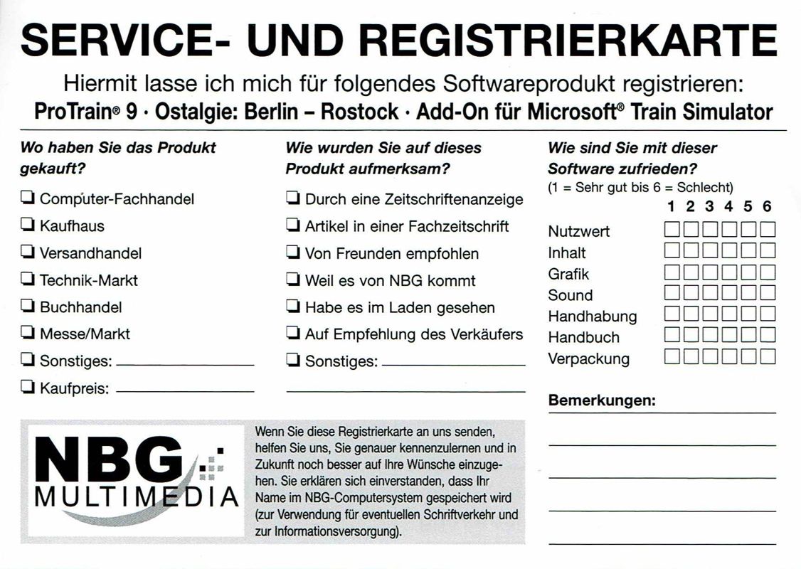 Extras for ProTrain 9: Ostalgie: Berlin - Rostock (Windows): Registration Card - Back