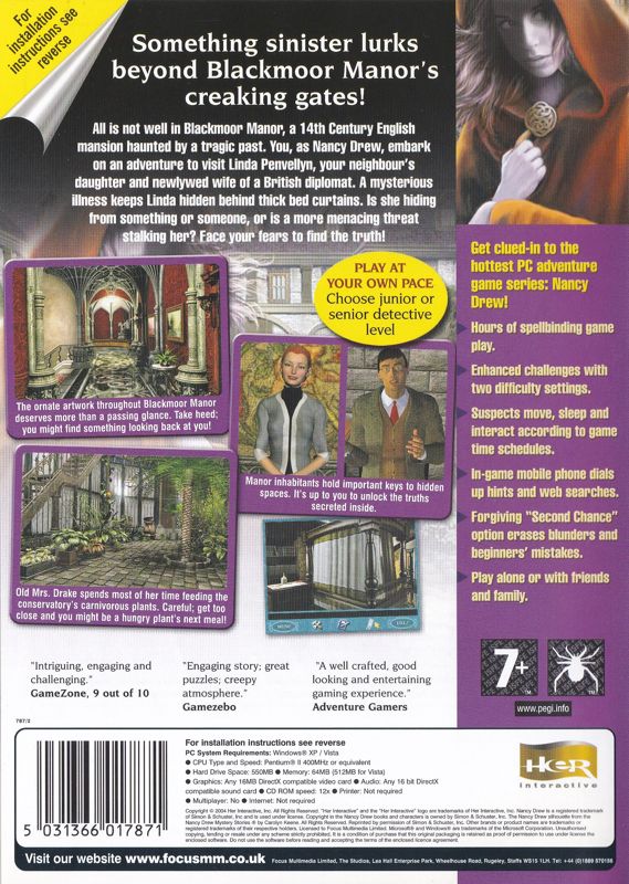 Back Cover for Nancy Drew: Curse of Blackmoor Manor (Windows) (Focus Multimedia release)