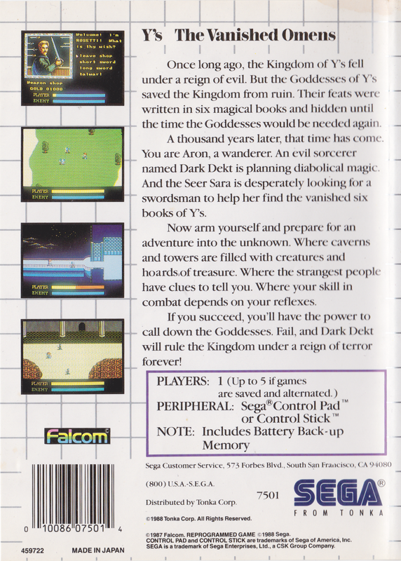 Back Cover for Ys: The Vanished Omens (SEGA Master System)