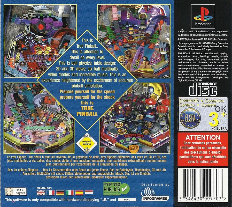 Back Cover for True Pinball (PlayStation) (Best of Infogrames Arcade Value Series release)