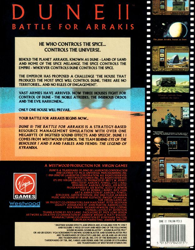 Back Cover for Dune II: The Building of a Dynasty (DOS)
