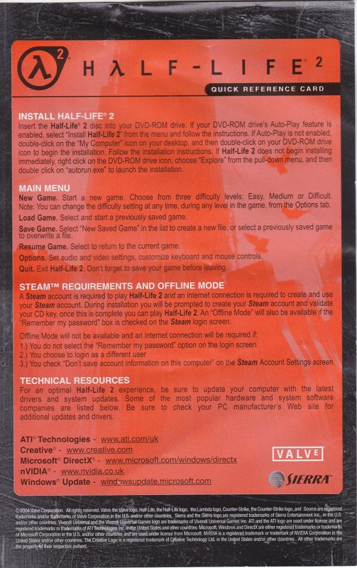 Reference Card for Half-Life 2 (Windows): Side 1