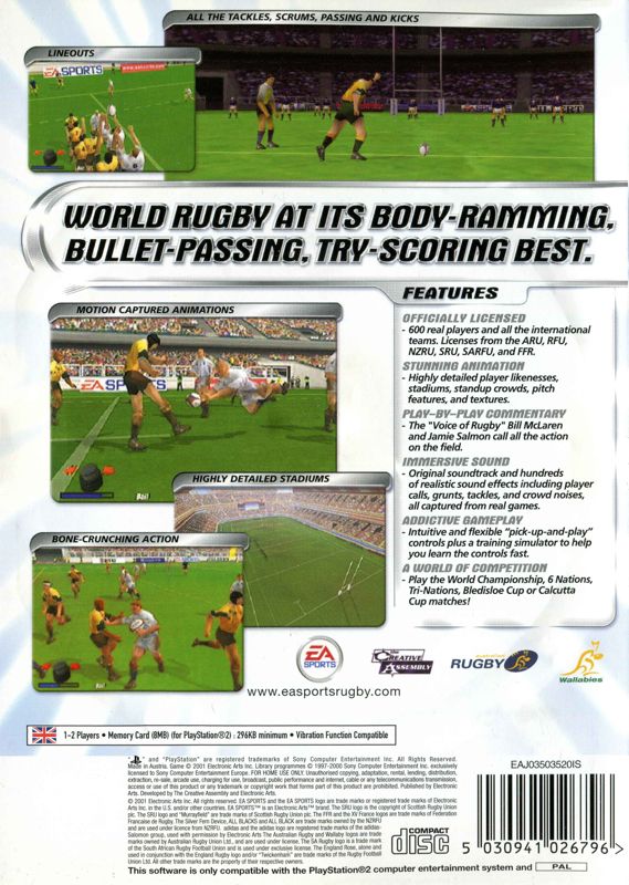 Back Cover for Rugby (PlayStation 2)