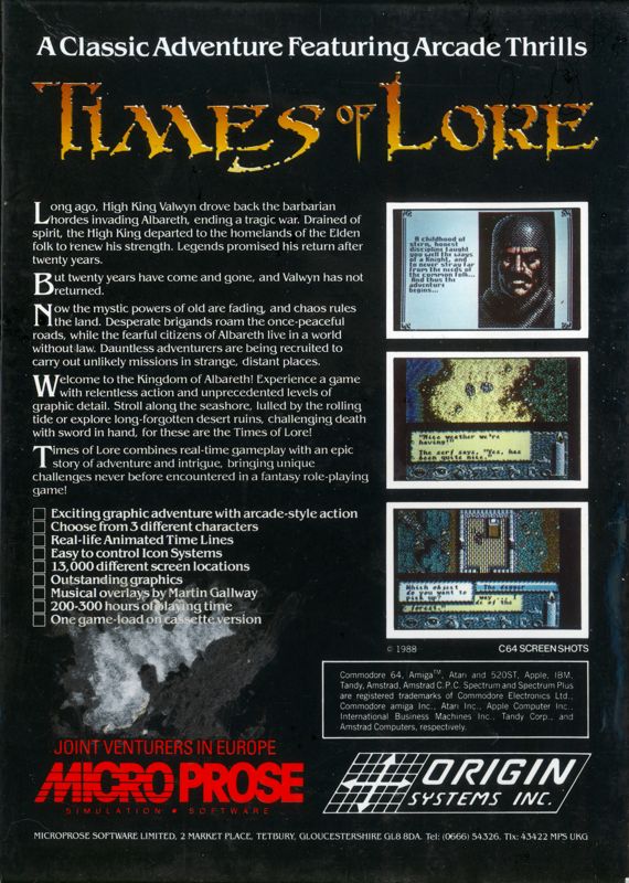 Back Cover for Times of Lore (ZX Spectrum) (Diskette version (48K/128K))