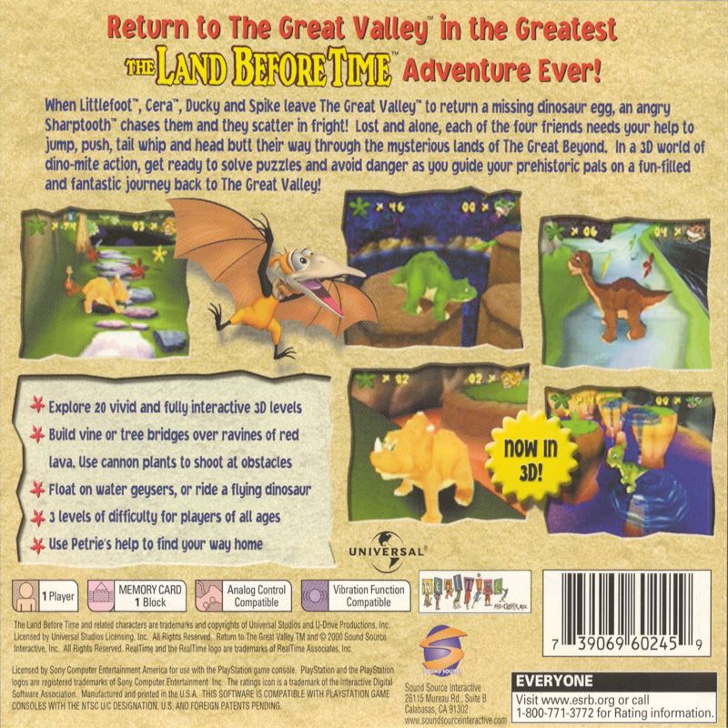 Back Cover for The Land Before Time: Return to the Great Valley (PlayStation)