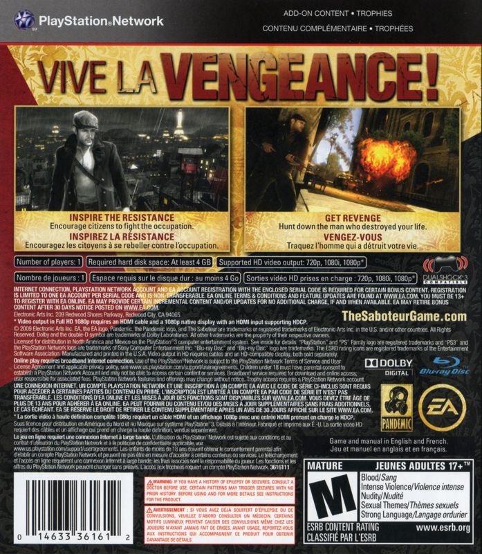 Back Cover for The Saboteur (PlayStation 3)