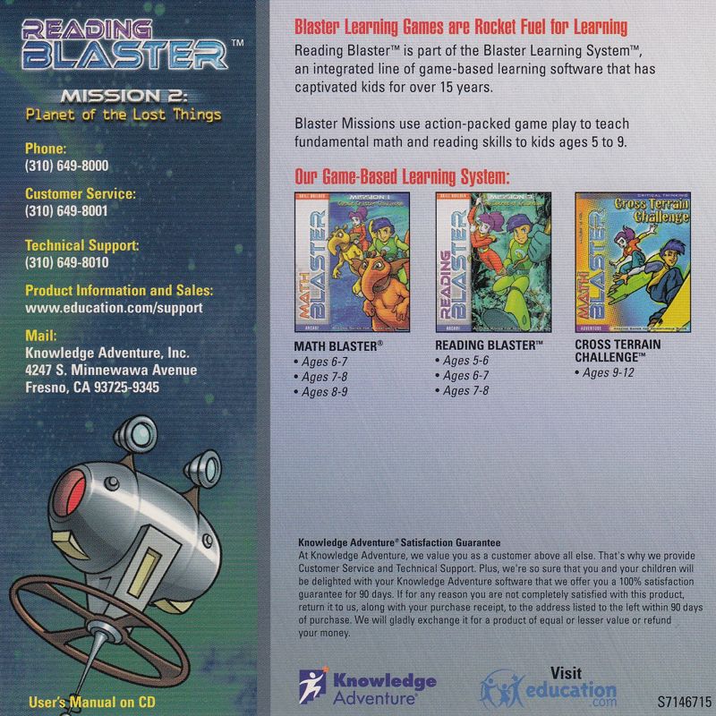 Inside Cover for Reading Blaster Mission 2: Planet of the Lost Things (Macintosh and Windows): Front Reverse