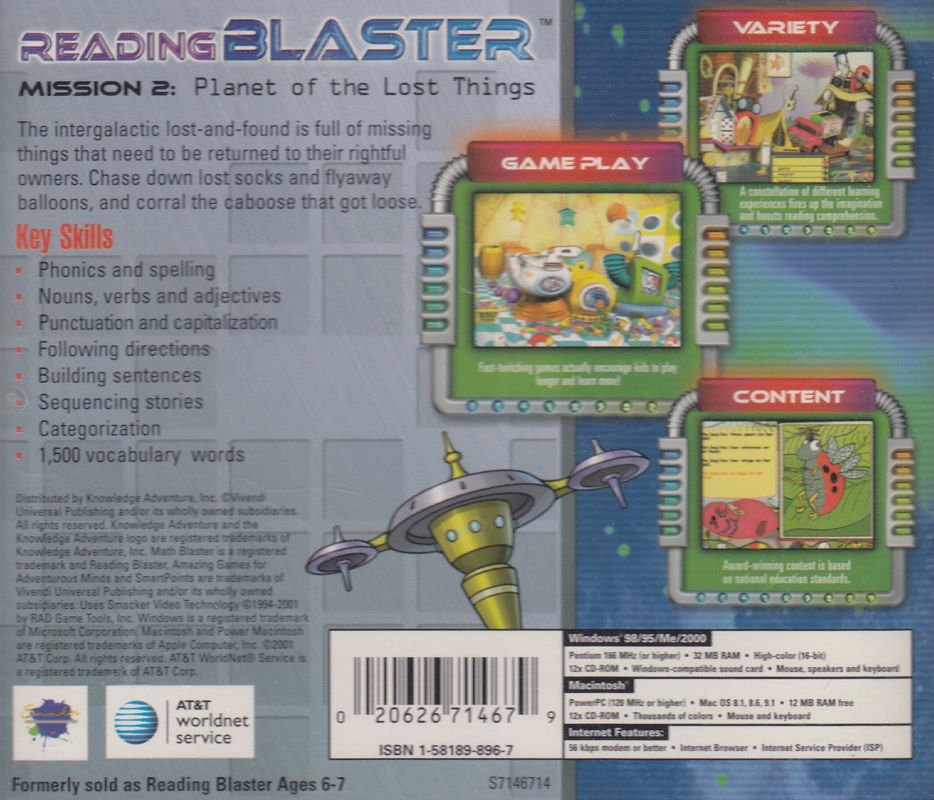 Back Cover for Reading Blaster Mission 2: Planet of the Lost Things (Macintosh and Windows)