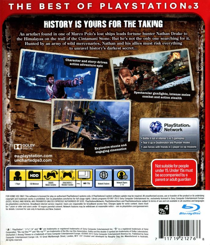 Back Cover for Uncharted 2: Among Thieves (PlayStation 3) (Essentials release)