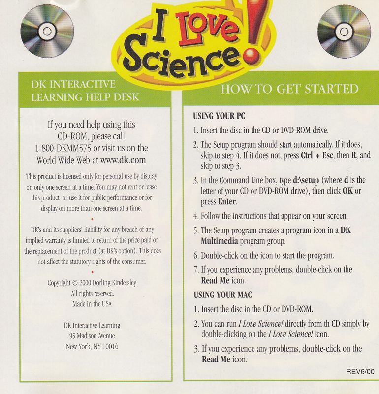 Inside Cover for I Love Science! (Macintosh and Windows 16-bit) (2000 re-release): Front Reverse