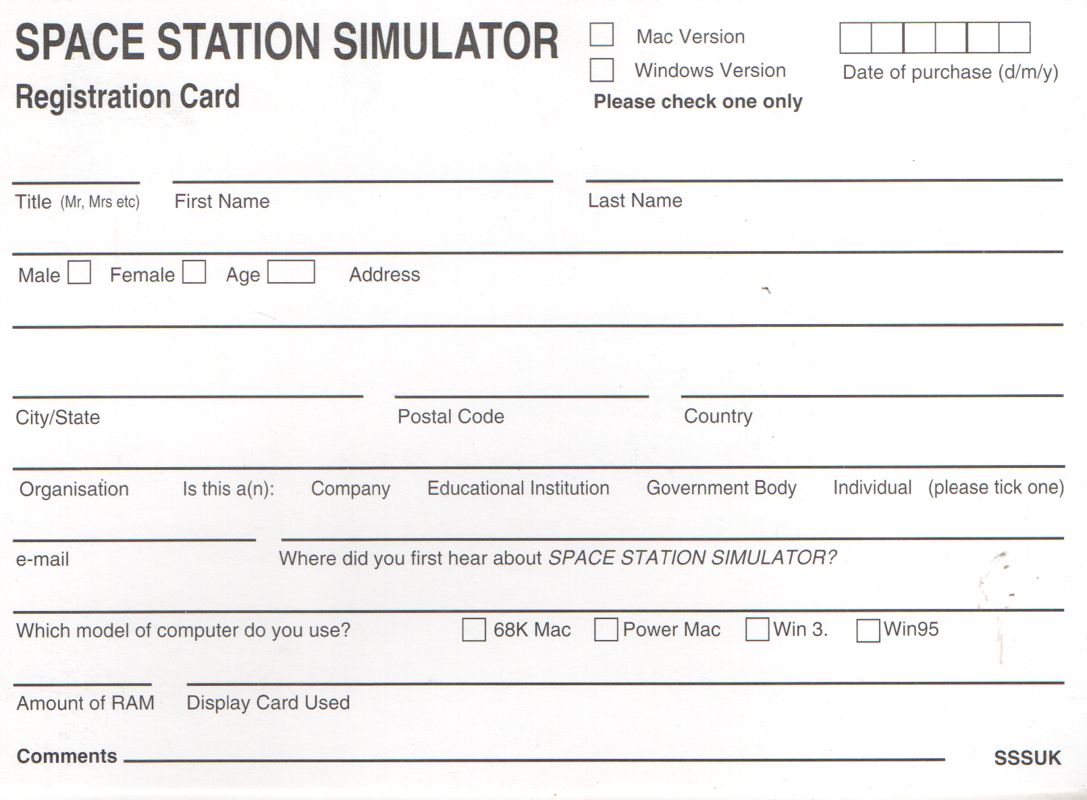 Extras for Space Station Simulator (Windows): Reg. Card - Side B