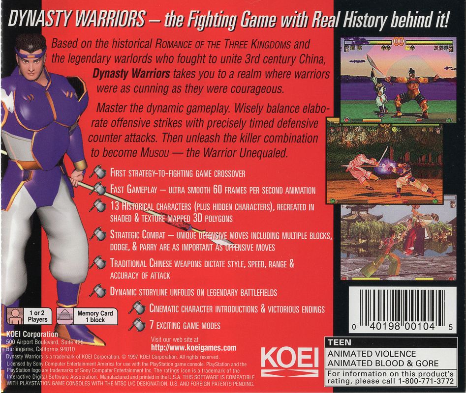Back Cover for Dynasty Warriors (PlayStation)