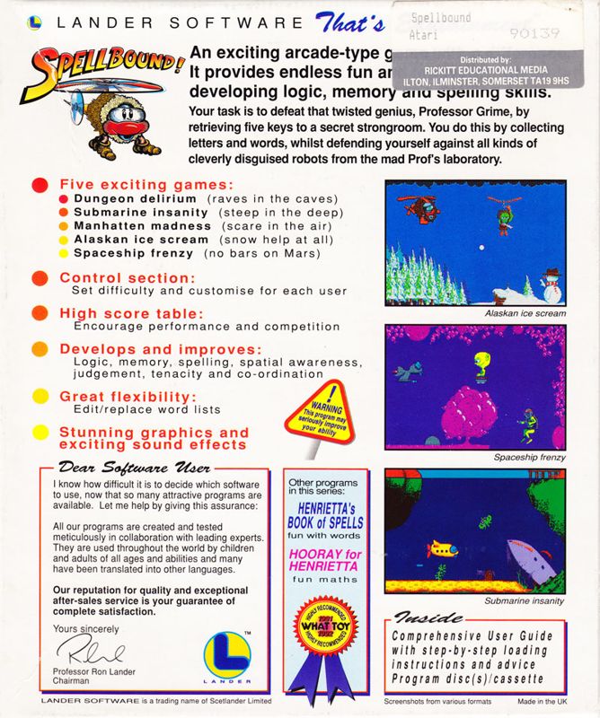 Back Cover for Spellbound! (Atari ST)