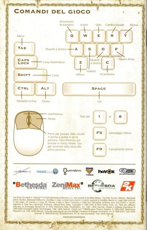 Manual for The Elder Scrolls IV: Oblivion (Collector's Edition) (Windows): Back - Reference Card