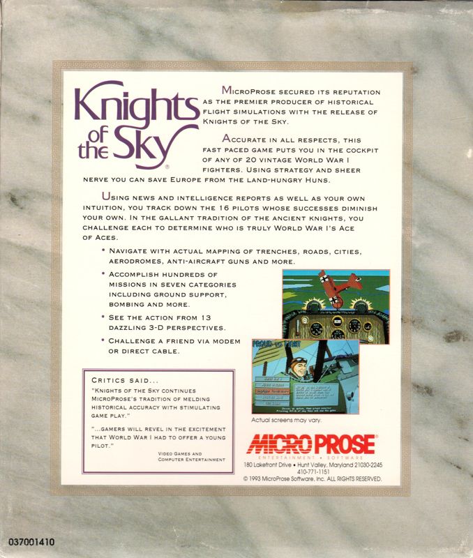 Back Cover for Knights of the Sky (DOS) (MicroProse Classics release)