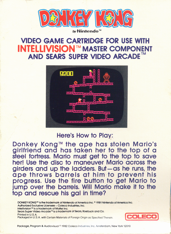 Back Cover for Donkey Kong (Intellivision) (Alternate back)