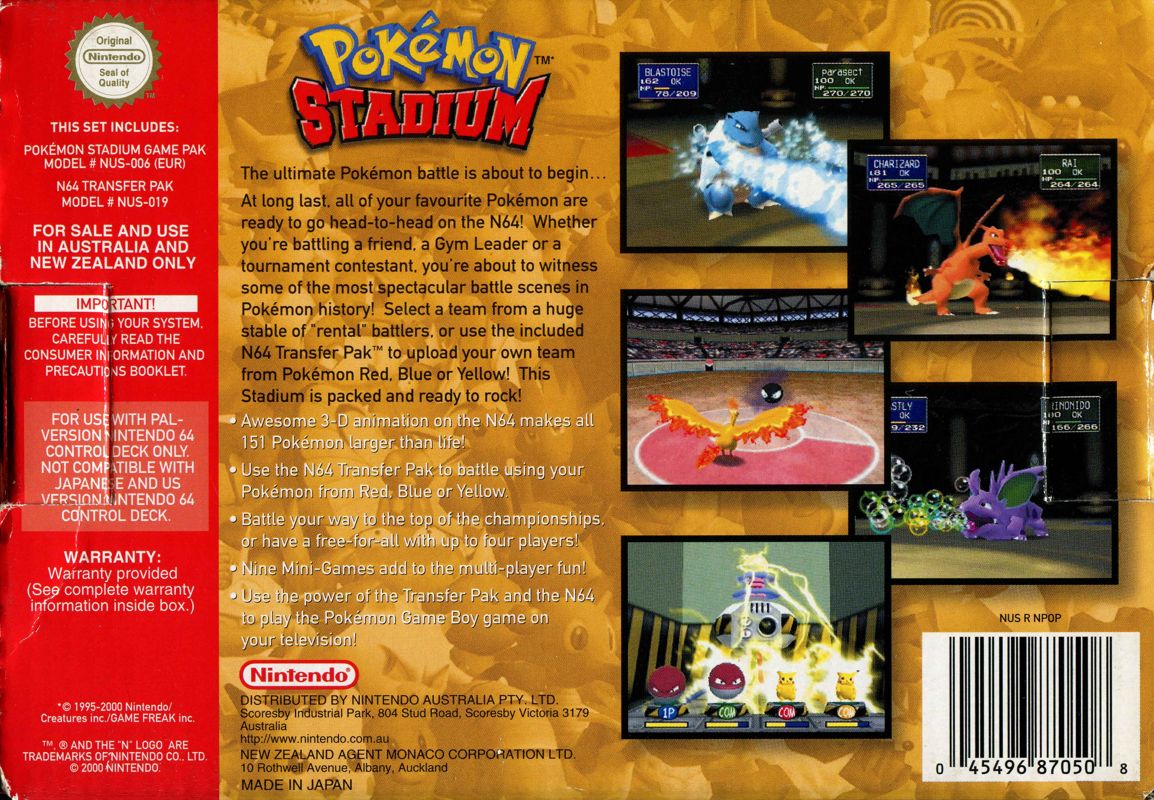 Back Cover for Pokémon Stadium (Nintendo 64)