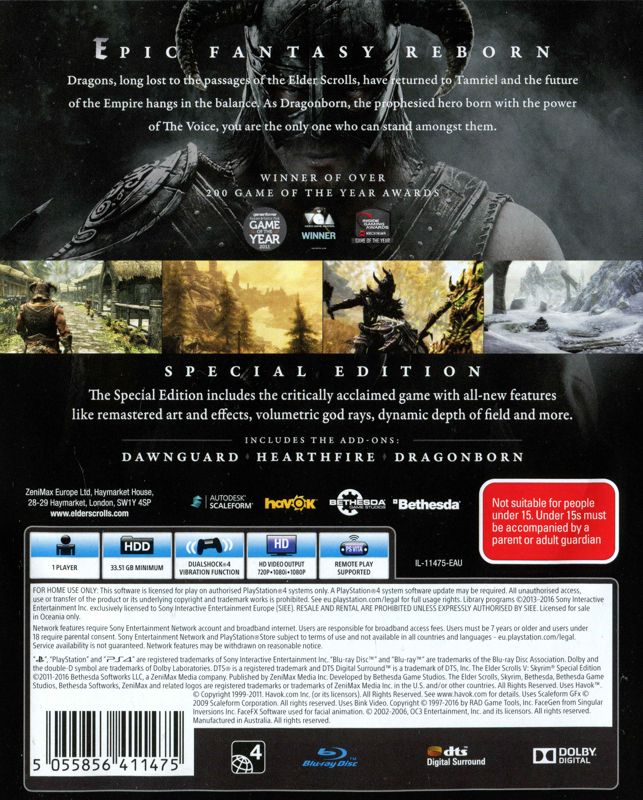 Back Cover for The Elder Scrolls V: Skyrim - Special Edition (PlayStation 4)