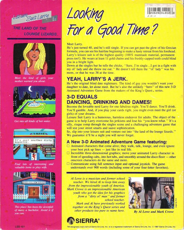 Back Cover for Leisure Suit Larry in the Land of the Lounge Lizards (DOS) (Dual Media Release (alternate disk labels))
