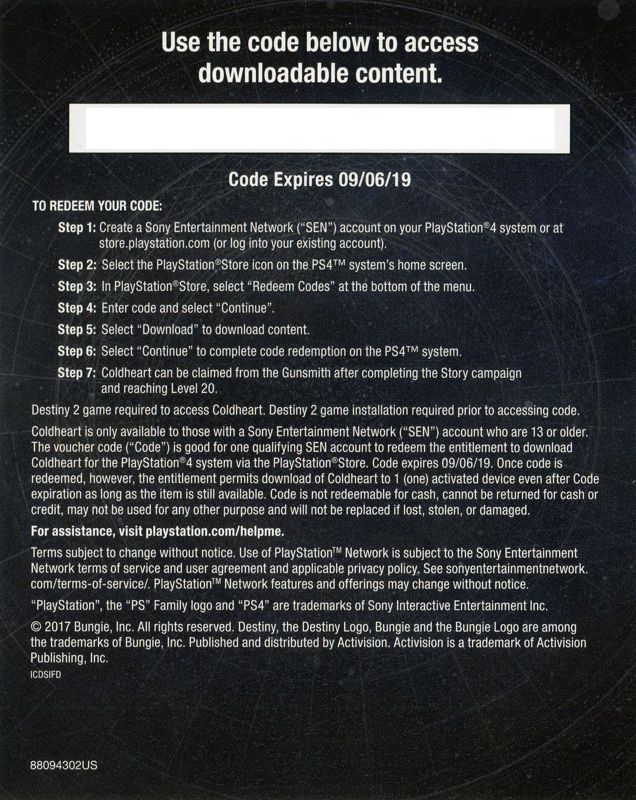 Other for Destiny 2 (PlayStation 4): Coldheart DLC Voucher Back