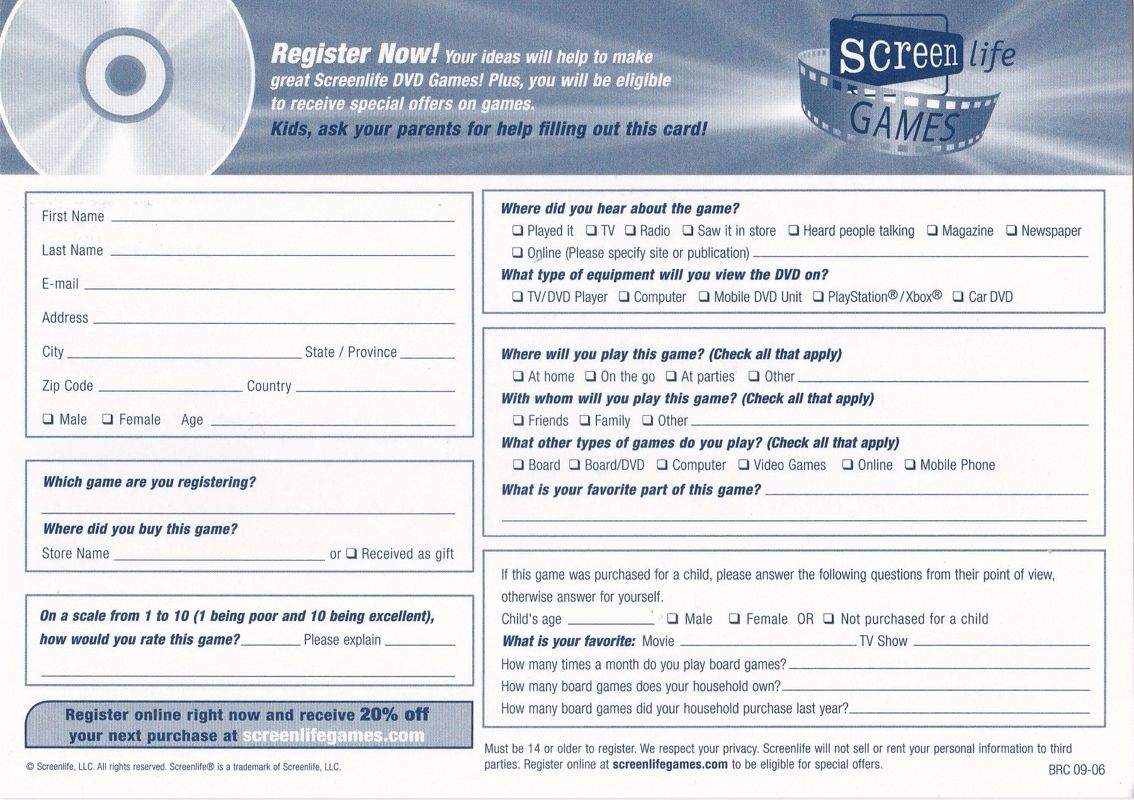 Other for Scene It?: Twilight (DVD Player): Registration Card: Side 2