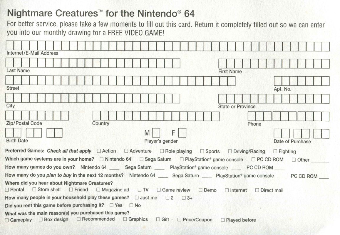 Advertisement for Nightmare Creatures (Nintendo 64): Back