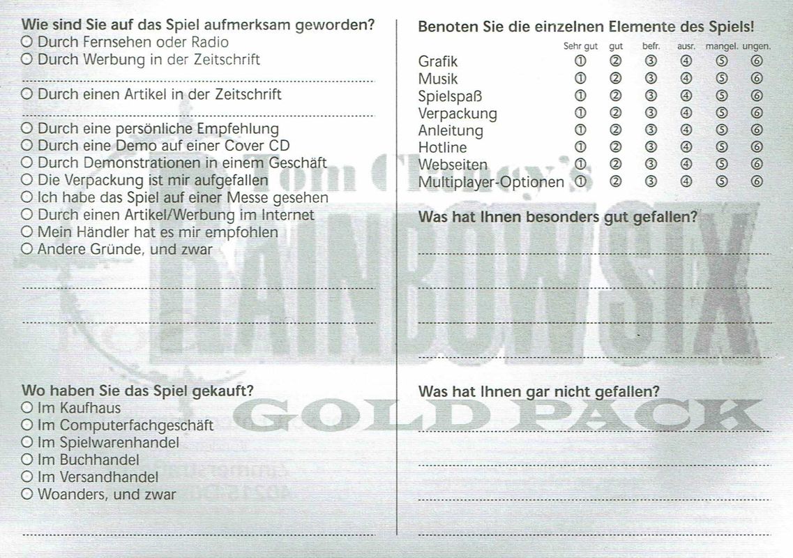 Extras for Tom Clancy's Rainbow Six: Gold Pack Edition (Windows) (Budget release): Registration Card - Back
