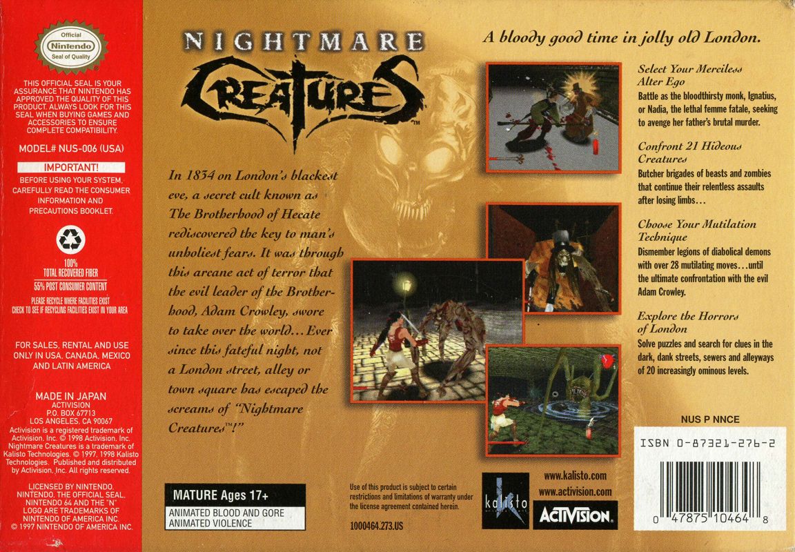 Back Cover for Nightmare Creatures (Nintendo 64)