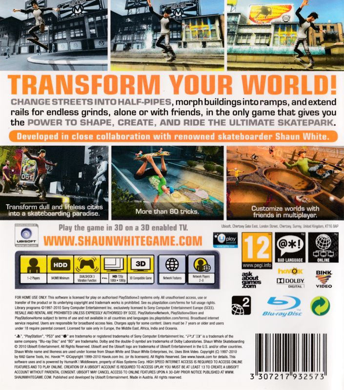 Back Cover for Shaun White Skateboarding (PlayStation 3)
