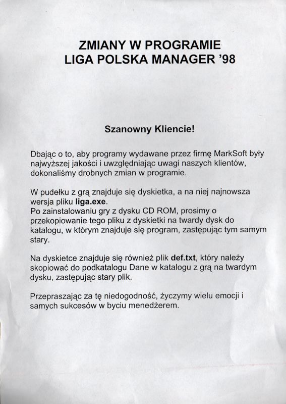 Extras for Liga Polska Manager '98 (Windows): Leaflet