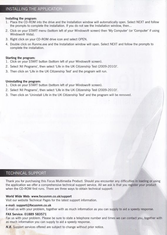 Inside Cover for Life in the UK: Citizenship Test (Windows): Left